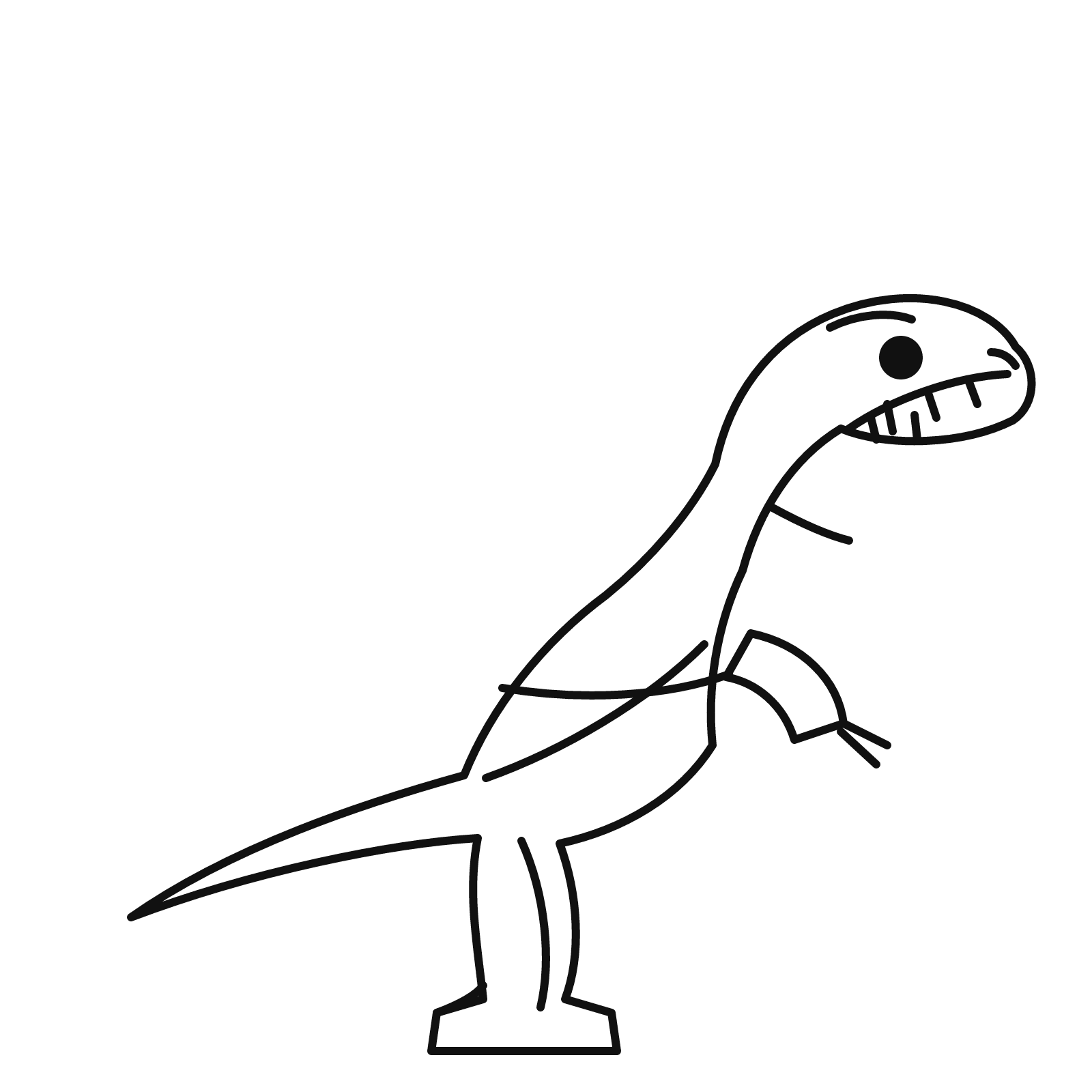 Stregtegning af en tyrannosaurus rex med kæmpe hoved, tænder, små forlemmer og tyk hale