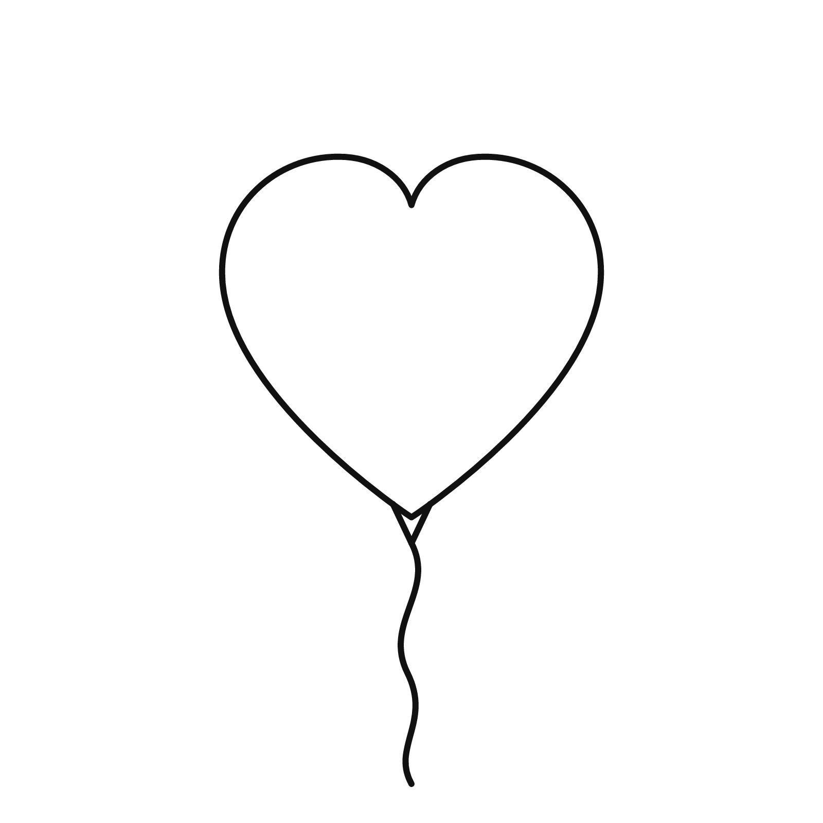 Stregtegning af en hjerteformet ballon med knude og bugtet snor