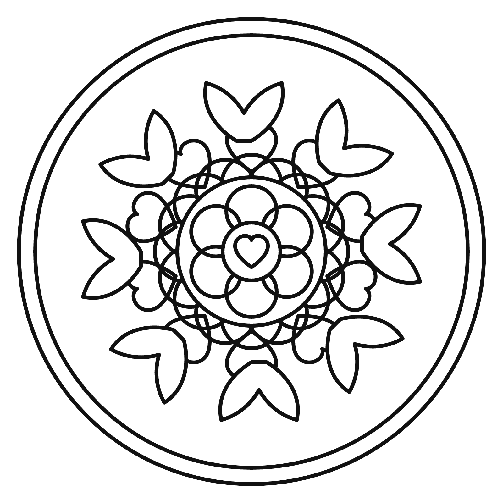 Rund mandala med kronblade, hjerteblade og et hjerte i midten