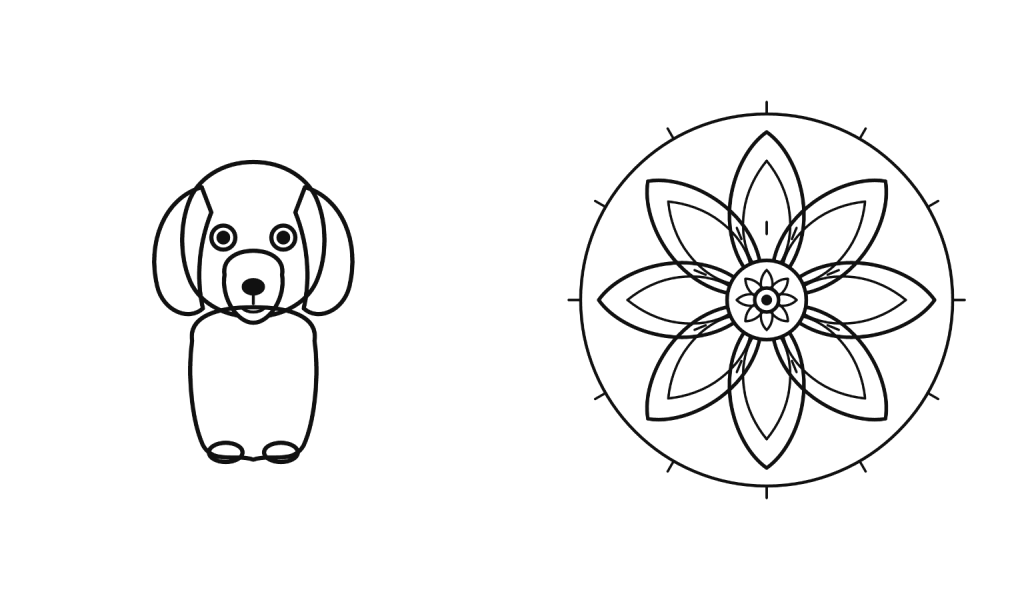 To af sitets stregtegninger til farvelægning: en beagle og en blomstermandala