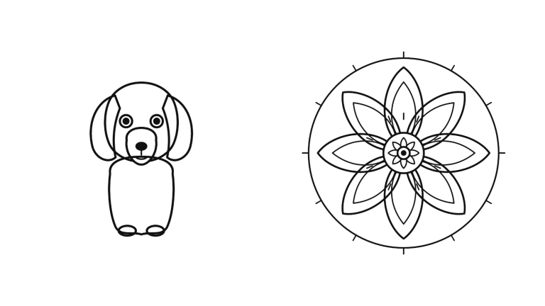 To af sitets stregtegninger til farvelægning: en beagle og en blomstermandala