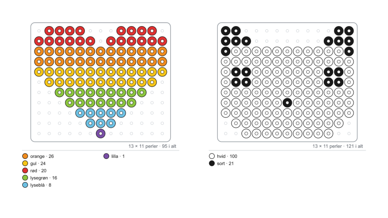 To perlemønstre til perleplader — vist som farvede perler på brættet