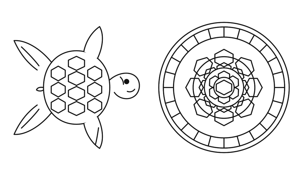 To stregtegninger af skildpadder til farvelægning — et enkelt motiv og en mandala