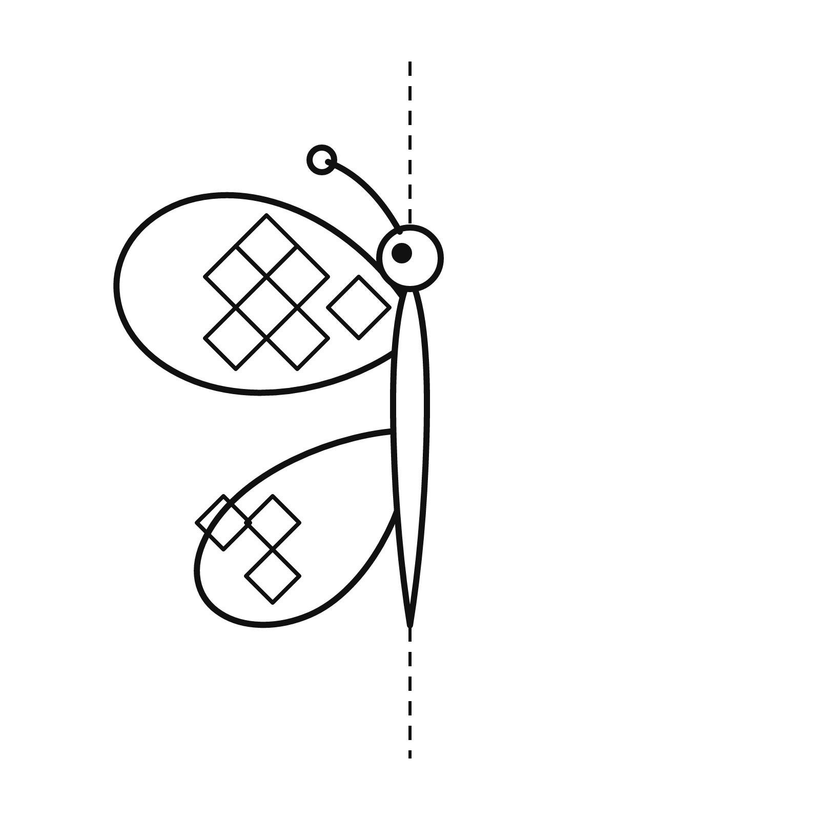 Foldeskabelon af en sommerfugl med geometrisk diamantmønster i vingerne, kun venstre halvdel tegnet med lodret foldelinje