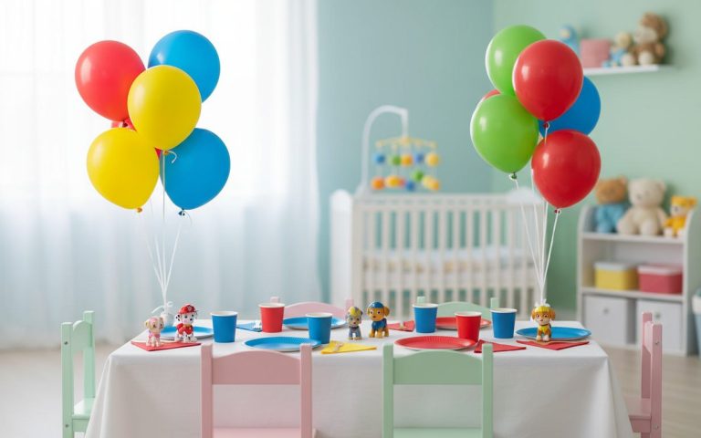 Dækket fødselsdagsbord til børn med hundetema, balloner og papirtallerkener
