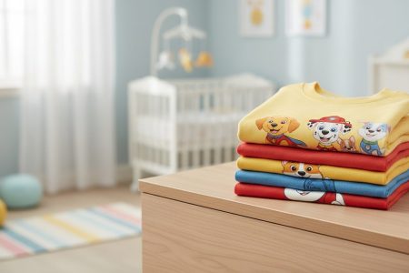 Børne-T-shirts og sweatshirts med hundemotiv lagt i en stak