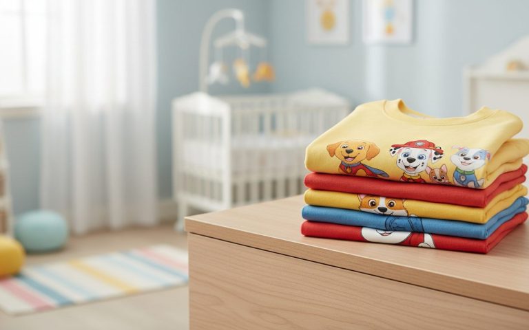 Børne-T-shirts og sweatshirts med hundemotiv lagt i en stak