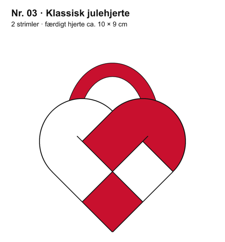 Færdigt flettet julehjerte i rødt og hvidt med 2 × 2 skakternede felter: klassisk julehjerte, 2 strimler