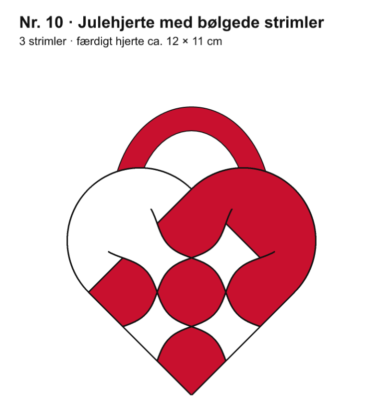 Færdigt flettet julehjerte i rødt og hvidt med 3 × 3 skakternede felter: julehjerte med bølgede strimler, 3 strimler