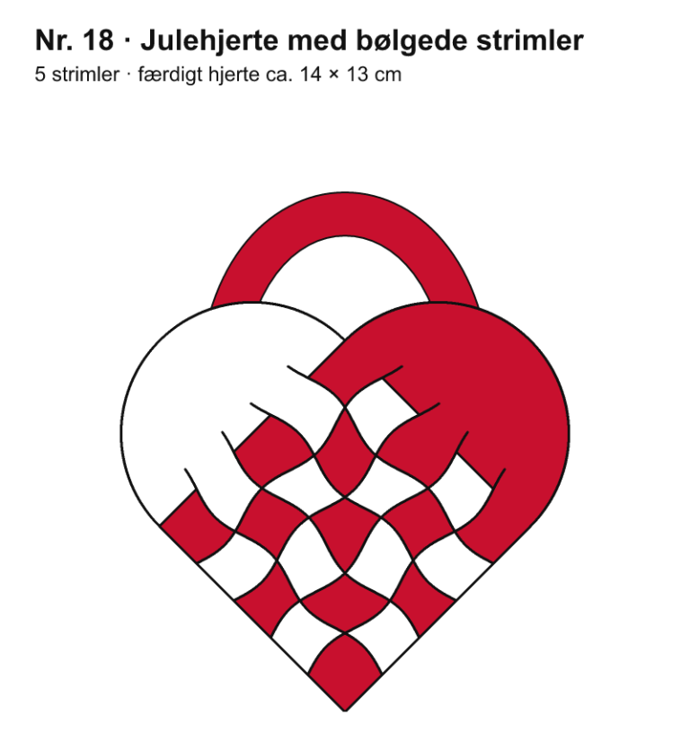 Færdigt flettet julehjerte i rødt og hvidt med 5 × 5 skakternede felter: julehjerte med bølgede strimler, 5 strimler