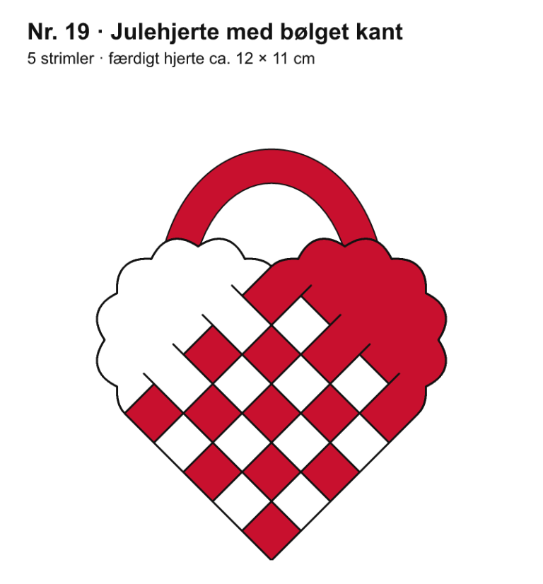 Færdigt flettet julehjerte i rødt og hvidt med 5 × 5 skakternede felter: julehjerte med bølget kant, 5 strimler