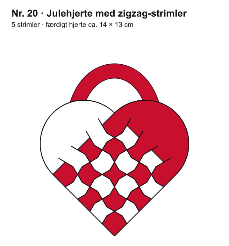 Færdigt flettet julehjerte i rødt og hvidt med 5 × 5 skakternede felter: julehjerte med zigzag-strimler