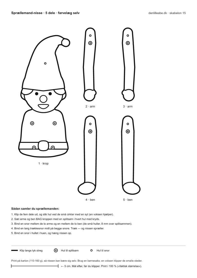 Printbar sprællemand-nisse til farvelægning i fem dele: krop, to arme og to ben med huller til splitsøm i skuldre og hofter og små snorhuller, så arme og ben spræller, når man trækker i snoren